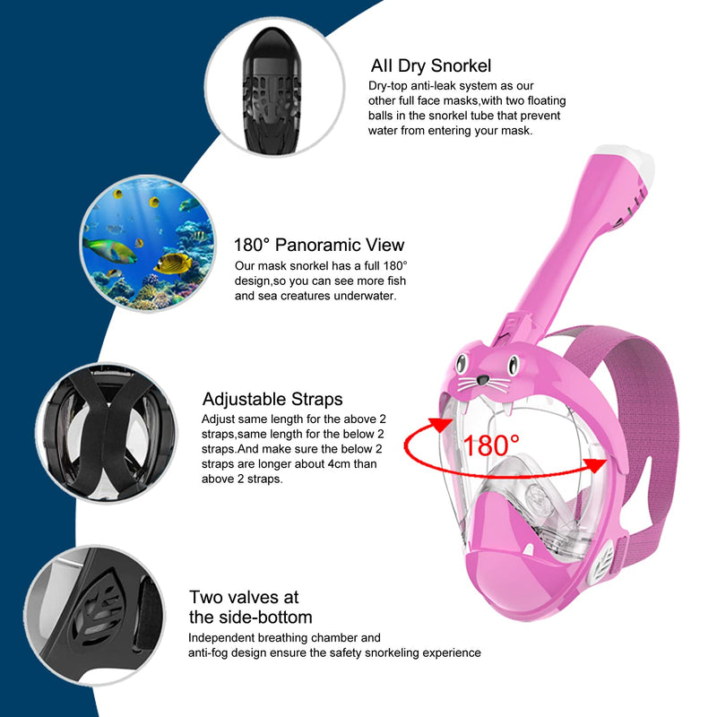 Jwintee Full Face Snorkel Mask, Diving Mask for Kids and Adults,180° Panoramic View Snorkel Mask with Camera Mount, Safe Breathing, Anti-Leak&Anti-Fog Pink-Kids X-Small - BeesActive Australia