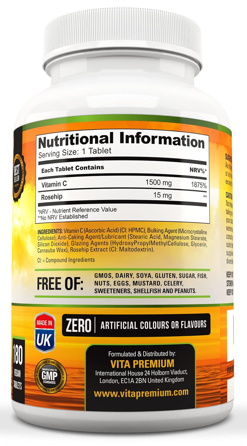 Vitamin C 1500mg per Tablet, High Strength 180 Vegan Tablets, Food Supplement, 6 Month Supply - Made in UK - BeesActive Australia