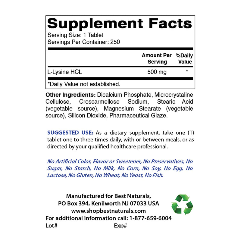 Best Naturals L-Lysine 500 mg 250 Tablets 250 Count (Pack of 1) - BeesActive Australia