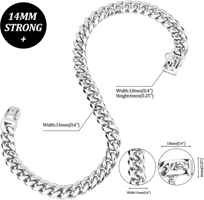 Strong Metal Dog Collars with Safety Buckle, 14mm Wide 316L Stainless Steel Cuban Link Chain Training Dog Collar Necklace for Small Medium Large Dogs A-Silver 18inch - BeesActive Australia