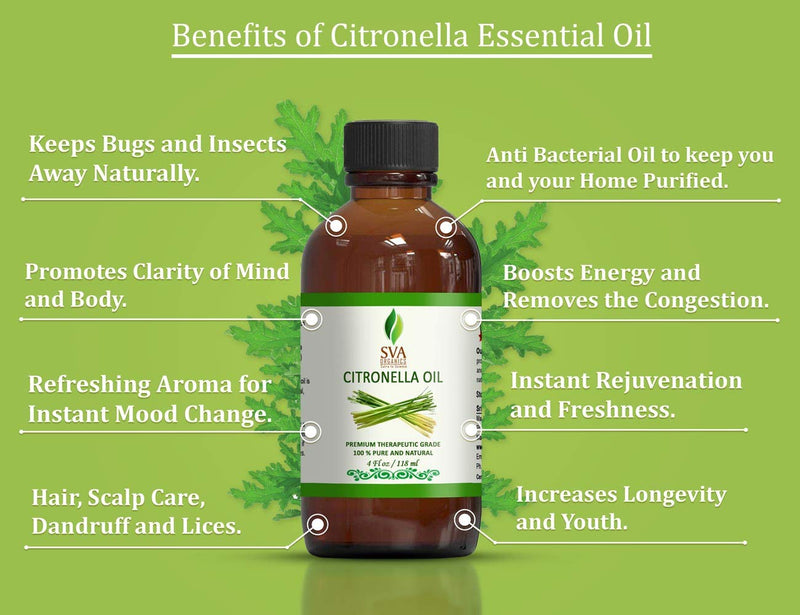 SVA Organics Citronella Essential Oil Organic USDA 4 Oz Pure Natural Therapeutic Grade Oil for Skin, Body, Diffuser, Candle Making - BeesActive Australia