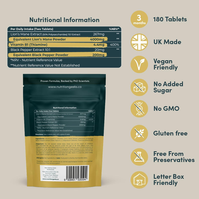 Lions Mane Supplement 4000mg with Vitamin B1 & Black Pepper, 180 Vegan Tablets - Lion's Mane Mushroom 15:1 Extract (Not Lions Mane Powder or Capsules), UK Made for Mental Performance & Nervous System - BeesActive Australia