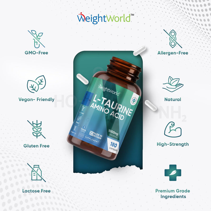 L Taurine 1000mg Capsules - 180 High Strength Taurine Capsules (3 Months Supply) - Vegan Amino Acid Taurine Supplement for Overall Health - Pre Workout Supplement for Men & Women - Made in The UK - BeesActive Australia