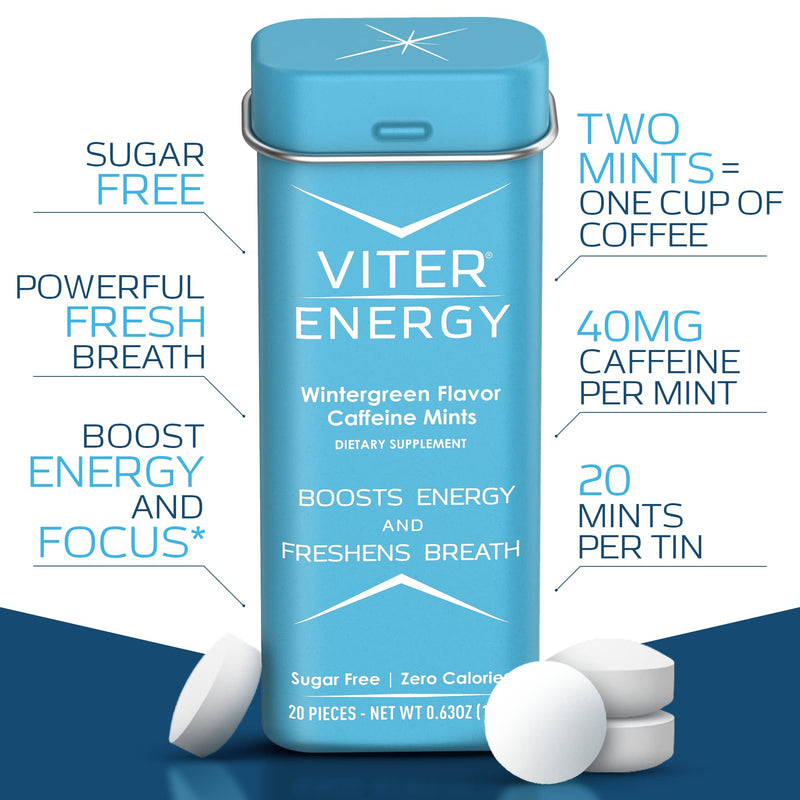Viter Energy Caffeinated Mints 40mg Caffeine, B Vitamins, Sugar Free. (Wintergreen, 20pcs, 6 Pack) Wintergreen 20 Count (Pack of 6) - BeesActive Australia