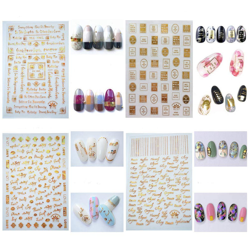 EBANKU Gold Nail Stickers Decals 12 Sheets 3D Luxury English Letter Design Self-Adhesive Nail Art Sticker for Acrylic Nails DIY Decoration Supplies - BeesActive Australia