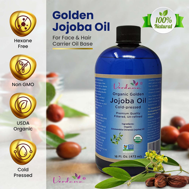 Organic Verdana Golden Jojoba Oil – USDA Certified Organic – Cold Pressed, Unrefined, 100% Pure and Hexane Free – 16 Fl. Oz. 16 Fl Oz (Pack of 1) - BeesActive Australia