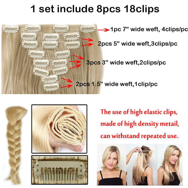 23" Long Straight Clip in Hair Extensions Full Head 8Pcs 18Clips Ombre Colorful Synthetic Hair Clip in Hairpiece Ash Blonde 23" (58cm) - BeesActive Australia