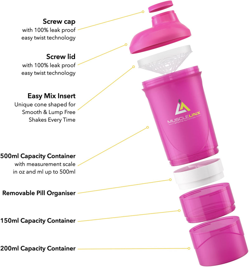 Pink Protein Shaker Plus Storage Screw top 100% Leak Proof Drinks Bottle 500ml to 700ml by Musclelinx - BeesActive Australia