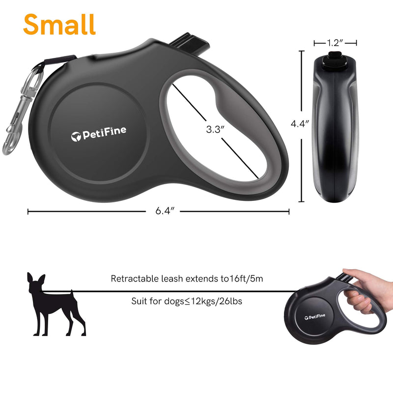 PetiFine Retractable Dog Leash with Dispenser and Poop Bags, 10FT/16FT Heavy Duty Reflective Walking Pet Leash for X-Small/Small/Medium/Large Breed Dogs or Cats up to 110 lbs, Tangle-Free Small-16ft- 20 bags Black - BeesActive Australia