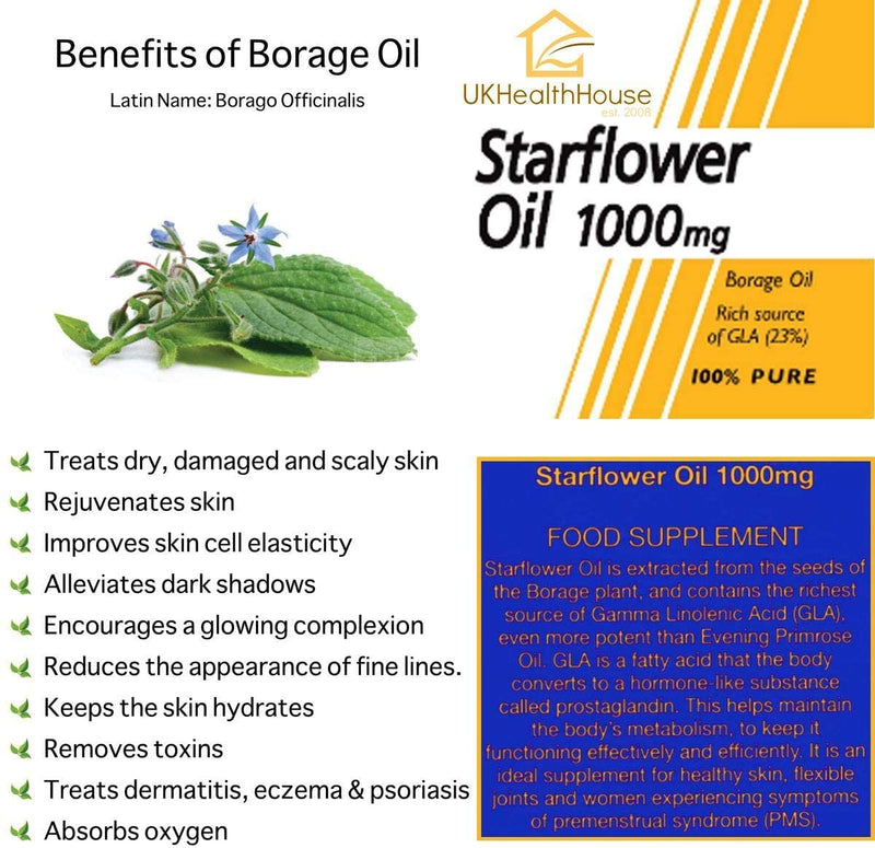 UKHealthHouse Starflower Oil � Borage Oil Capsules, 1000mg x 360 Capsules � 20% GLA Content � High Strength Omega 6 �?Great for Skin, Digestion, Headaches, Women�s Health?& More � 586g 360 Count (Pack of 1) - BeesActive Australia