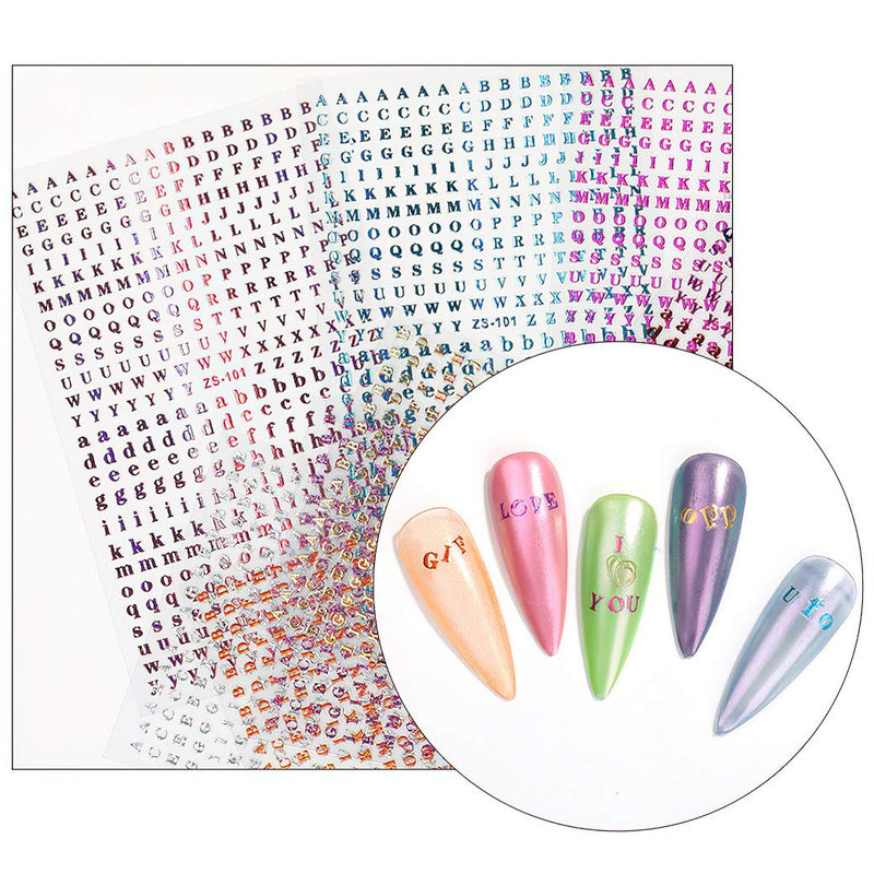 Holographic English Letter Nail Art Stickers 3D Alphabet Designs Colorful Nail Decals Adhesive Letter for Women Girls DIY Nail Decoration Manicure (8 Sheets) - BeesActive Australia