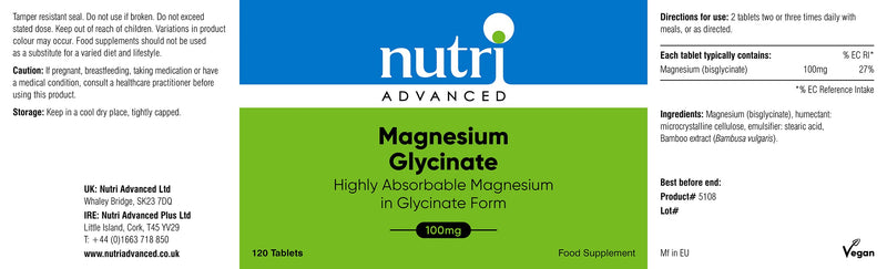 Nutri Advanced Magnesium Glycinate 100mg High Strength Supplement - Sleep Support - Easily Absorbable, Gentle on Digestion - 120 Tablets - BeesActive Australia