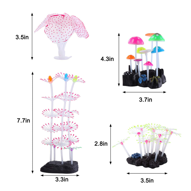 Filhome Glowing Fish Tank Decorations Plants, 4 pcs Glow Aquarium Decorations, Glowing Mushroom Coral Plant Ornaments Mushroom, Strip coral, Coral, Anemone - BeesActive Australia