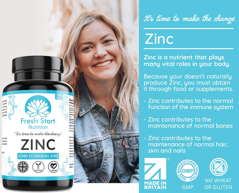 Zinc Tablets 25mg � Zinc Tablets High Strength for Maintenance of Normal Immune System, Hair, Skin, Nails & Bones Zinc Supplements - 180 Vegan Tablets � Made in The UK by Fresh Start Nutrition - BeesActive Australia