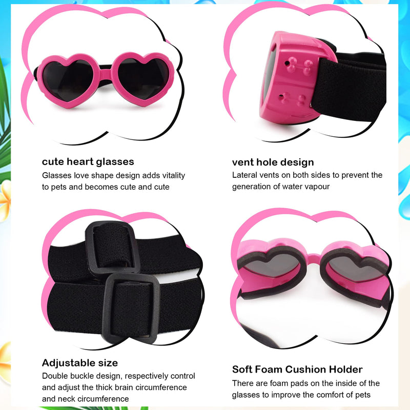 IKUSO Dog Sunglasses Small Breed,UV Protection Dog Sunglasses with Adjustable Strap, Heart Dog Goggles for Waterproof Windproof Anti-Fog Eye Protection,Beach Accessories for Puppy,doggles pink - BeesActive Australia