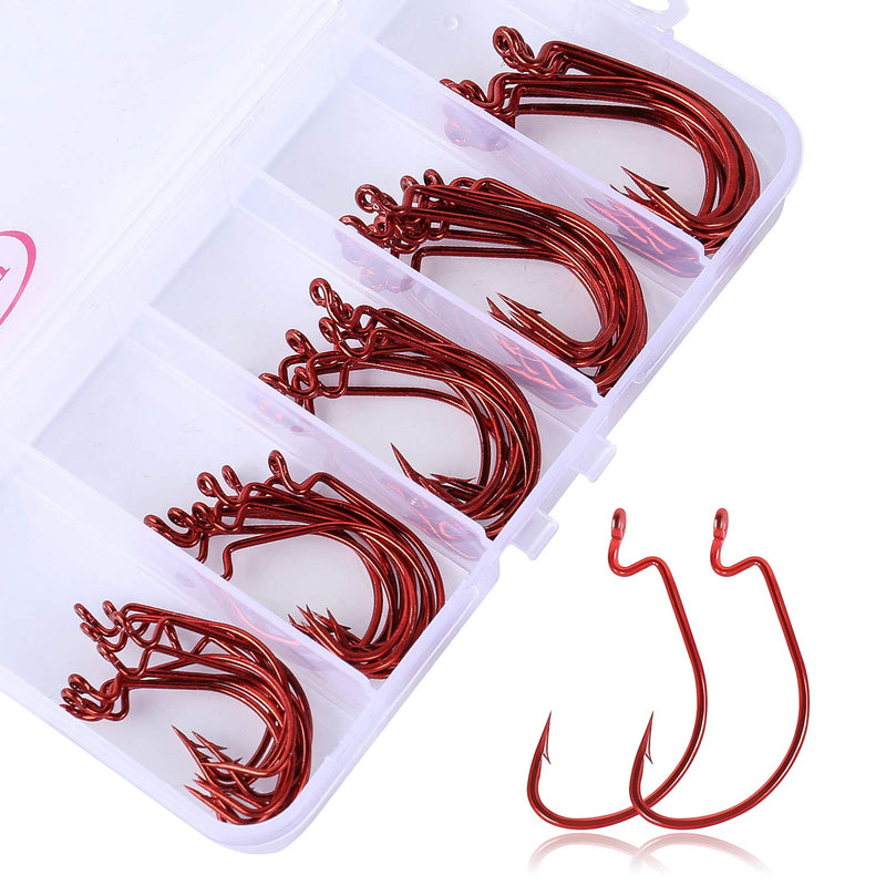 Sougayilang Fishing Hooks High Carbon Steel Worm Soft Bait Jig Fish Hooks with Plastic Box 50PCS-red - BeesActive Australia