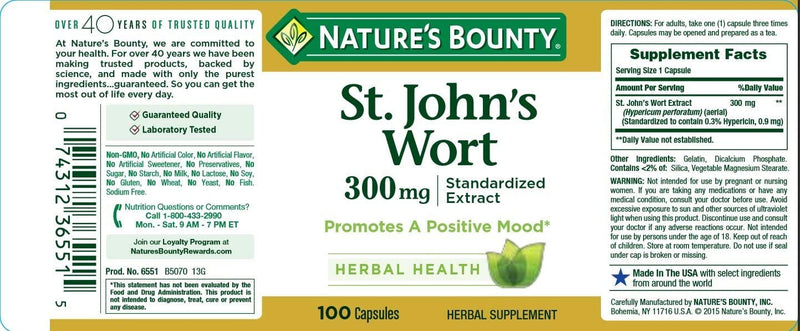 Nature's Bounty St. John's Wort Pills and Herbal Health Supplement, Promotes a Positive Mood, 300mg, 100 Capsules - BeesActive Australia