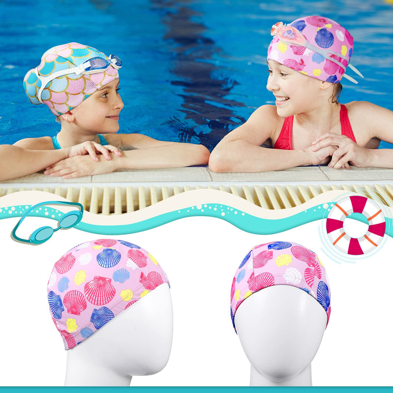 2 Pieces Kids Swim Caps for Boys and Girls, Fabric Toddler Swimming Cap Child's Swim Hats for Long Hair Pool Beach Shell, Scales - BeesActive Australia