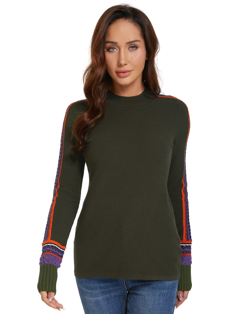 AmélieBoutik Women Mock Neck Fair Isle Trim Long Sleeve Pullover Knit Sweater Small Dark Olive Green - BeesActive Australia