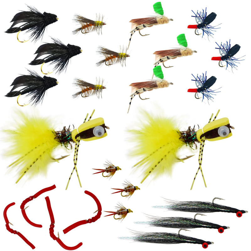 Thor Outdoor 24 Pc Fly Fishing Set for Panfish, Trout, and Bass - Hoppers, Poppers, and Droppers Yellow Poppers - Black Clousers - BeesActive Australia