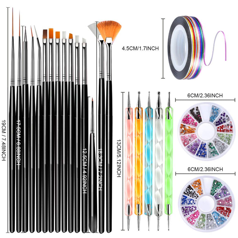 Nail Art Brushes, Teenitor 3D Nail Art Paiting Design Brushes, 15 Nail Gel Brushes, Nail Dotting Pen 5pcs, 12 Colors Nail Rinestones & 10 Adhesive Nail Striping Tape for False Acrylic Nails-Black - BeesActive Australia