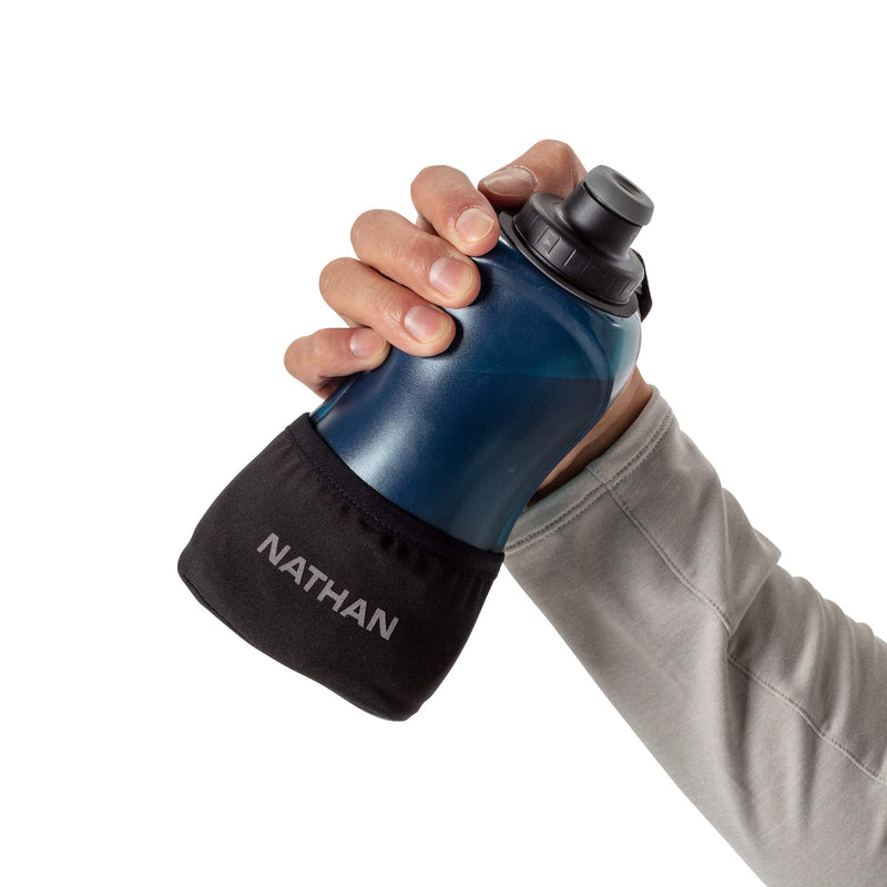 Nathan Running Handheld Quick Squeeze. No-Grip Adjustable Hand Strap. 12oz / 18oz / Insulated. Reflective Hydration Water Bottle. Black / Blue - BeesActive Australia