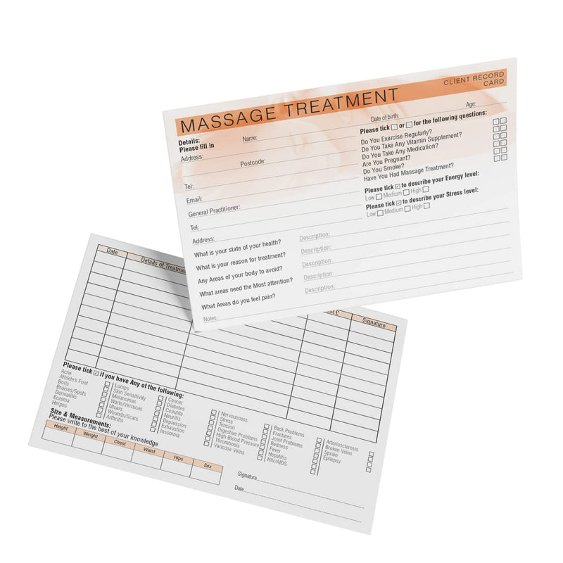 Massage Client Record Card - Treatment Consultation Form for Mobile Therapists & Salons A5 Pack of 50 - Landscape A5 (Landscape) - BeesActive Australia