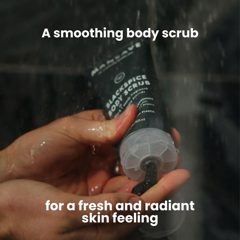 ManCave Blackspice Body Scrub 200ml for Men, Warm & Woody Aroma, Exfoliate & Cleanse Skin with Pumice and Charcoal Powder Scrub, Natural Formulation, Vegan Friendly, Made in England 200 ml (Pack of 1) - BeesActive Australia