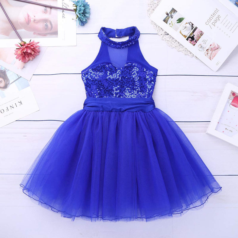 [AUSTRALIA] - JEATHA Kids Girls Shiny Sequins Sleeveless Mock Neck Ballet Dance Ice Roller Skating Dress Dancewear Keyhole Cutout Back Blue 8 / 10 