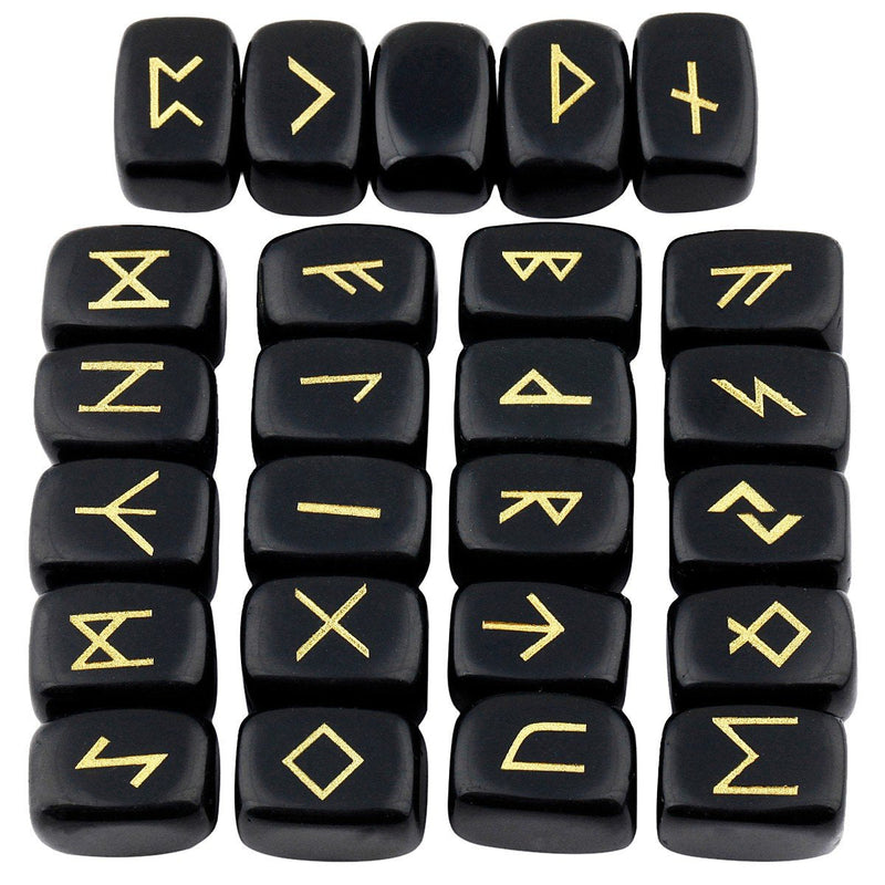 mookaitedecor Natural Black Obsidian Runes Stones Set of 25, Viking Norse Runes with Elder Futhark Alphabet Symbol for Divination Healing Crystal Witchcraft Pagan Supplies Spiritual Gift Room Decor #01-black Obsidian - BeesActive Australia