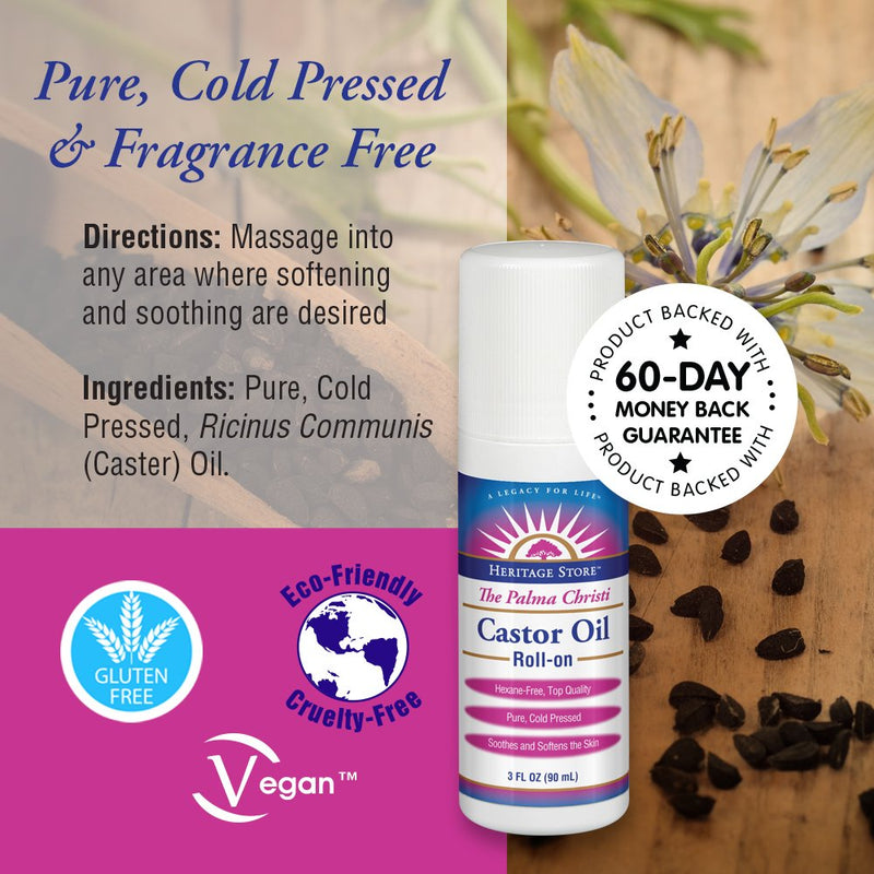 Heritage Store Palma Christi Roll-on Castor Oil | Cold Pressed, No Hexane & Unscented | 3 oz - BeesActive Australia