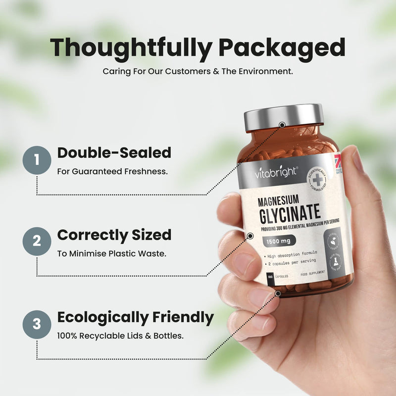 Magnesium Glycinate (Bisglycinate) - 1500mg High Strength - 180 Capsules (3 Month Supply) - Vegan Premium Magnesium Capsules - Providing 300mg Elemental Magnesium Supplement - Made in UK by VitaBright - BeesActive Australia
