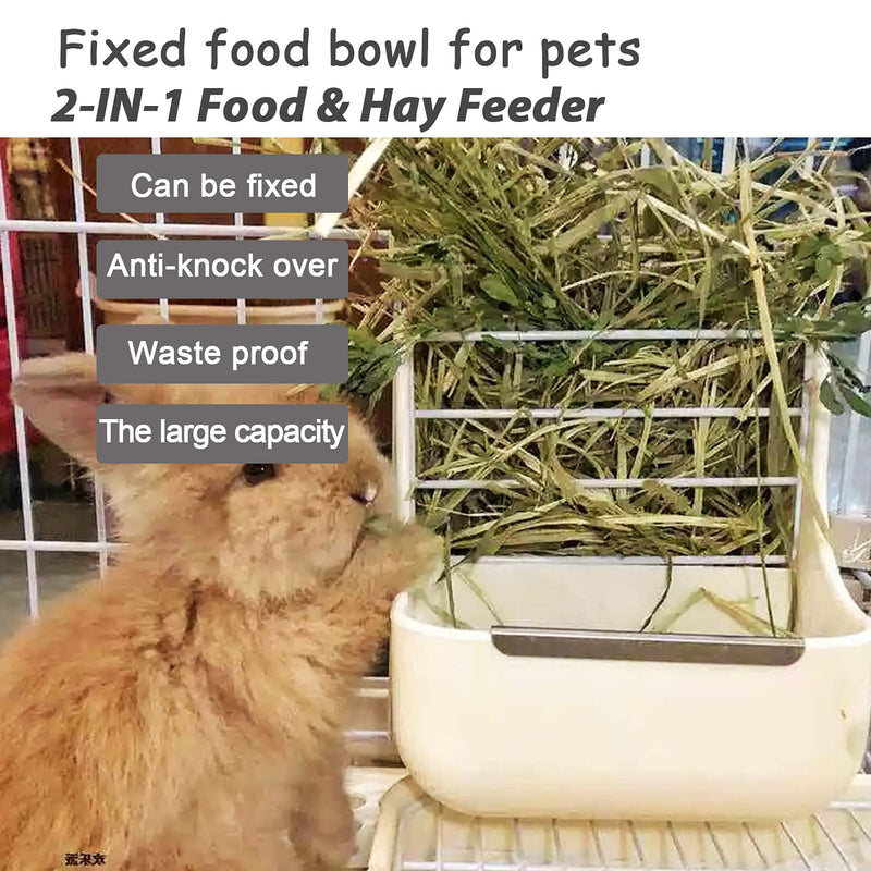 HERCOCCI Rabbit Hay Food Bin Feeder and Bunny Water Bottle Set, Hay Food Feeder Bowls Manger Rack with 500ml Hanging Water Dispenser Prevent Knock Over for Rabbit Guinea Pig Chinchilla Large WHITE - BeesActive Australia