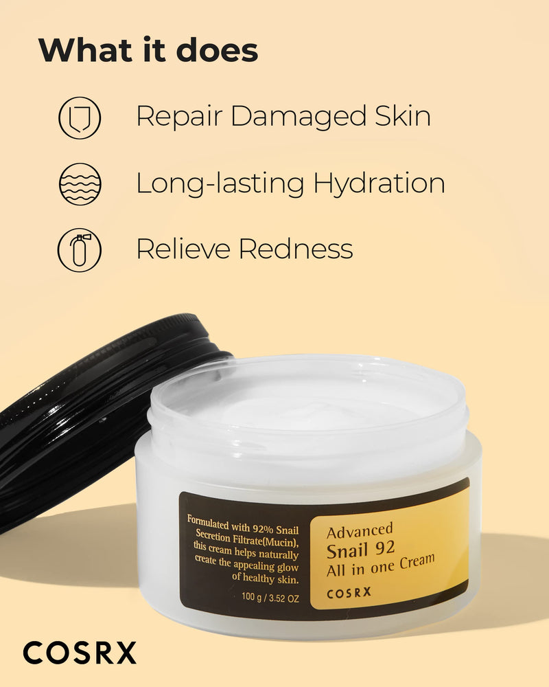 COSRX Snail Mucin 92% Repair Cream 3.52 oz, Daily Face Gel Moisturizer for Dry Skin, Sensitive Skin, Not Tested on Animals, No Parabens, No Sulfates, No Phthalates, Korean Skincare (Small, 3.52 OZ) 3.52 Ounce (Pack of 1) - BeesActive Australia