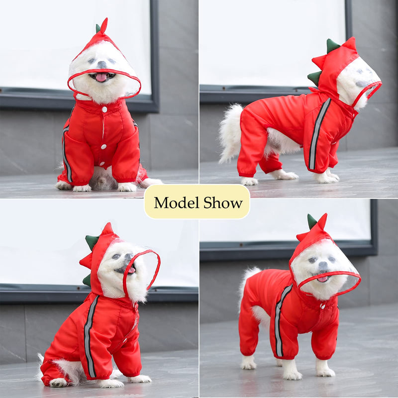 SEIS Dog Raincoat Hooded Dinosaur Pet Rain Wear Waterproof Frog Pet Poncho Light Breathable Dog Suit Reflective Strap Pet Outfit for Small Medium Large Dog S (Back length 25cm/9.8") Red Dinosaur - BeesActive Australia