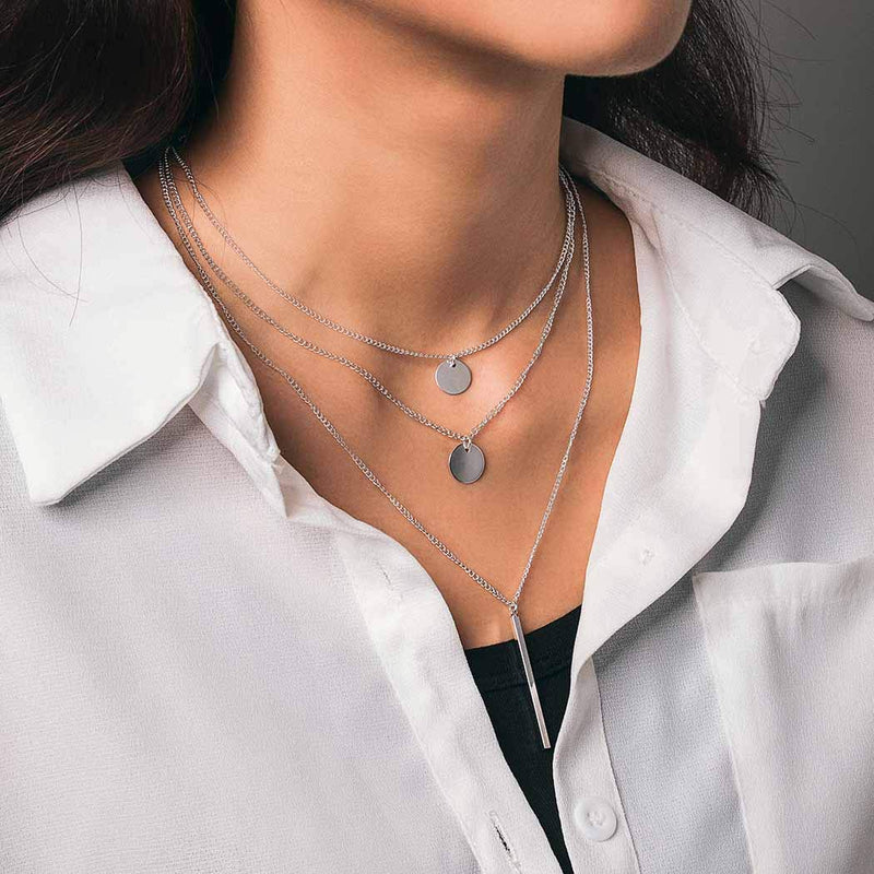 Mosako Boho Layered Necklaces Sequins Disc Silver Necklace Chain Short Bar Coin Pendant Delicate Dainty Charm Necklaces Jewelry for Women and Teen Girls - BeesActive Australia