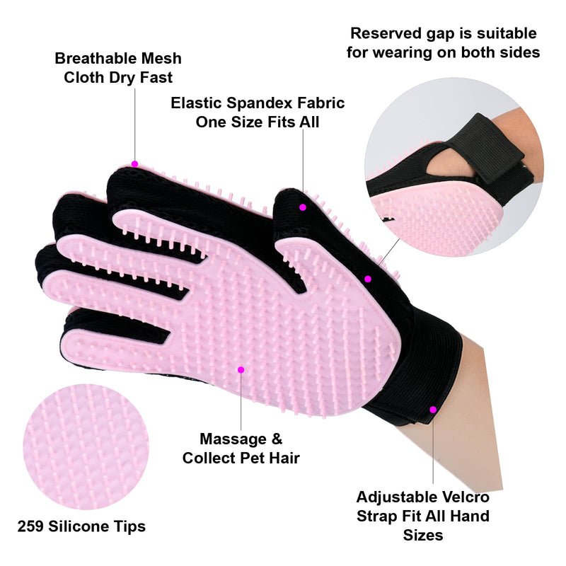 miaow Pet Grooming Glove,Five Fingers with 259 Silicone Needles,Effective in Removing Pet Floating Hair, Glove Size fits All,Double-Side Pet Grooming Design, can be Worn on Both Hands-1 Piece, Pink - BeesActive Australia