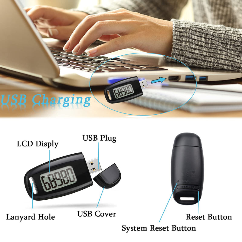 3D Pedometer with Clip and Strap, Simple USB Charge Walking Step Counter, 30 Days Memory, Accurate Step Counter with Large LCD Screen, Daily Target Monitor, Exercise Time, Black - BeesActive Australia