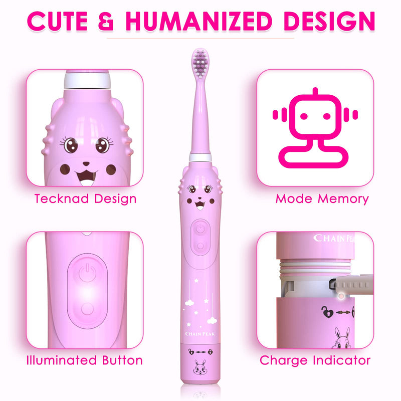 Kids Sonic Electric Toothbrush, Rechargeable Smart Toothbrush for Children, Toothbrush for Toddlers Boys Girls Age 3-12 with 30s Reminder, 2 Mins Timer, 6 Modes, 6 Brush Heads, Wall-Mounted Holder 8650 Pink+ 6 Heads+ Holder - BeesActive Australia