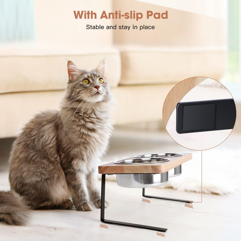 Siooko Elevated Cat Bowls, 15° Tilted Raised Cat Food Bowls Wood Pet Bowls with Stand Anti Vomiting 2 Stainless Steel Bowls for Cats and Puppy - BeesActive Australia