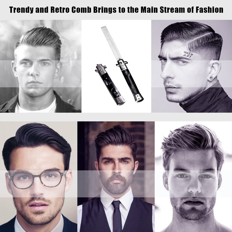 Foldable Pocket Comb, Stainless Steel Switchblade Comb Spring Jump Brush Switchblade Spring Pocket Oil Hair Comb Oil Hair Comb for Scalp Hair or Beard (Black) Black - BeesActive Australia