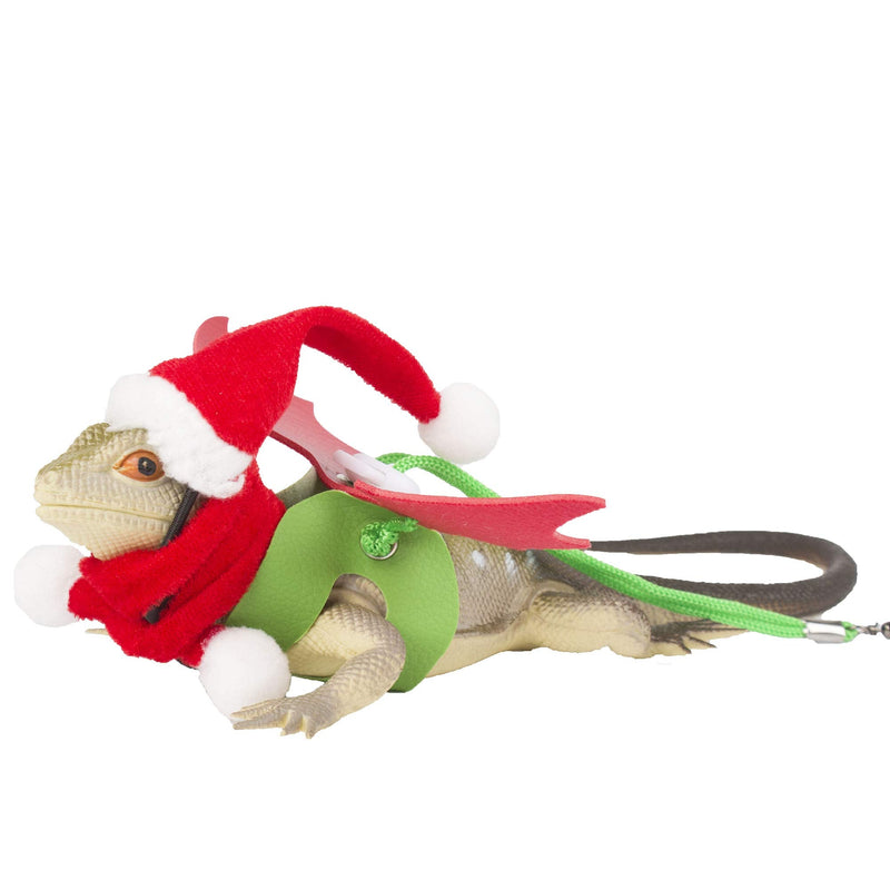 ADOGGYGO Christmas Bearded Dragon Santa Hat Scarf Lizard Leash Harness Set - Lizard Christmas Costume Christmas Scarf and Hat + 3 Pack Bearded Dragon Harness Leash for Reptile Christmas Green & Red - BeesActive Australia