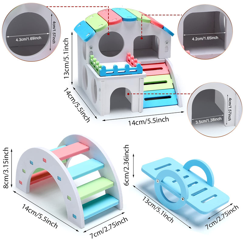 Skylety 3 Pieces Fun Hamster Toys Guinea Pig Hideout Include Wooden Hamster House, Rainbow Bridge, Hamster Seesaw Toy DIY Wooden Exercise Play Toys for Small Hamsters Rainbow Color - BeesActive Australia