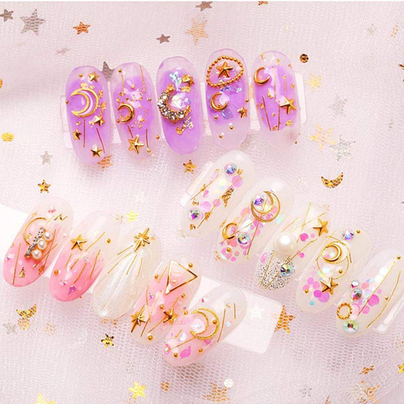 3 Boxes Nail Art Decals Studs Design Decoration Accessories 3D Metal Nail Charm Supplies Gold Star Moon Heart Square Rivet Caviar Nail Beads Nail Art Jewels Decoration With 1Pc Tweezers Tool for Women - BeesActive Australia