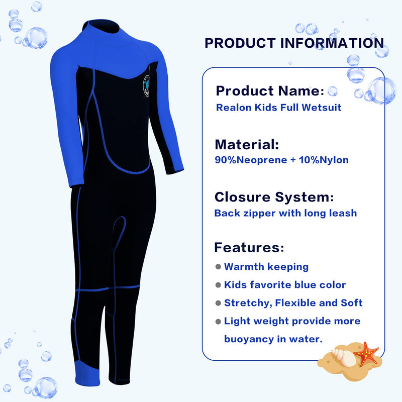 REALON Wetsuit Kids for Boys/Girls Full/Shorty Baby One Piece Wet Suit 2mm Neoprene 3t to 12t Toddler/Infant Swimsuit for Surfing Snorkeling Swimming 2mm blue full 2X-Small - BeesActive Australia