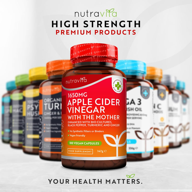 Raw Apple Cider Vinegar 1650MG with The Mother - High Strength - 180 Vegan Capsules (Not Tablets) - Boosted with Turmeric, Black Pepper & Ginger - Perfect for Keto Diet - Made by Nutravita 180 Count (Pack of 1) - BeesActive Australia
