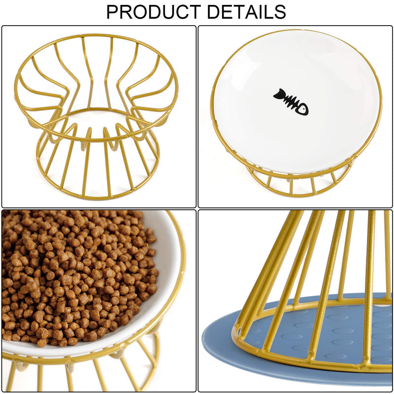 Cat Bowl-Raised Cat Food Bowl ,Elevated Cat Feeder Bowl Stand, Food & Water Anti Vomiting Shallow Ceramic Cat Dish, with Non-Slip Mat Pet Bowl for All Cat2 (Gold) - BeesActive Australia