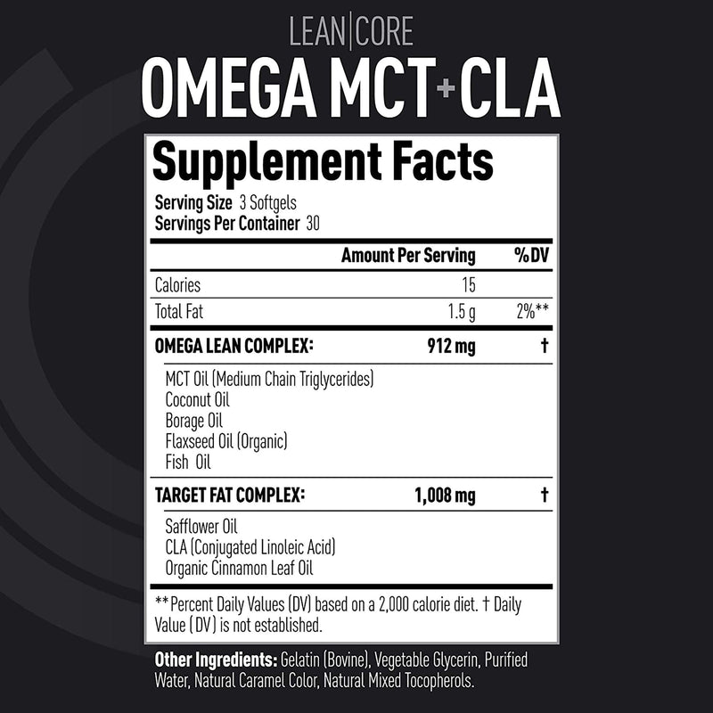 Lean CORE Omega MCT + CLA - Stimulant Free Health Formula, Lean Muscle & Toned Physique, Omega 3-6-9 Fatty Acids - Flaxseed Fish Oil- Coconut Oil- Keto Friendly 30 Day Supply (90 Softgels) - BeesActive Australia