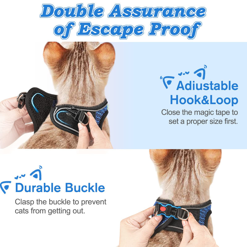 Cat Harness and Leash for Walking Escape Proof, Adjustable Kitten Vest Harness Reflective Soft Mesh Puppy Harness for Outdoor, Comfort Fit, Easy to Control S Blue - BeesActive Australia