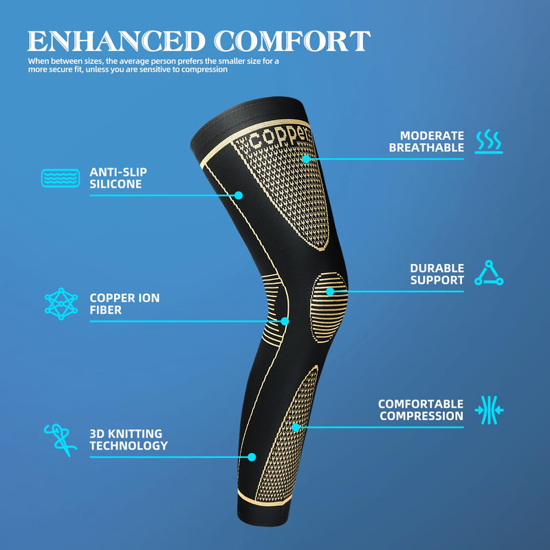 SKDK Copper Full Leg Sleeves Long Compression Leg Sleeve Knee Sleeves Protect Leg for Man Women Basketball, Arthritis Cycling Sport Football,ACL,Meniscus Tear,Joint Pain Relief Medium（1 Pair） - BeesActive Australia